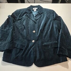 Judith Hart Woman Velvet Blazer Teal Green Rhinestone Button Jacket Plus Sz 16W